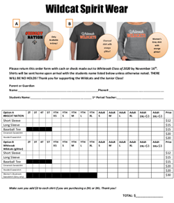 The Junior Class is selling Spirit Wear! Order forms and money will be due by Fri., Nov. 16th!!